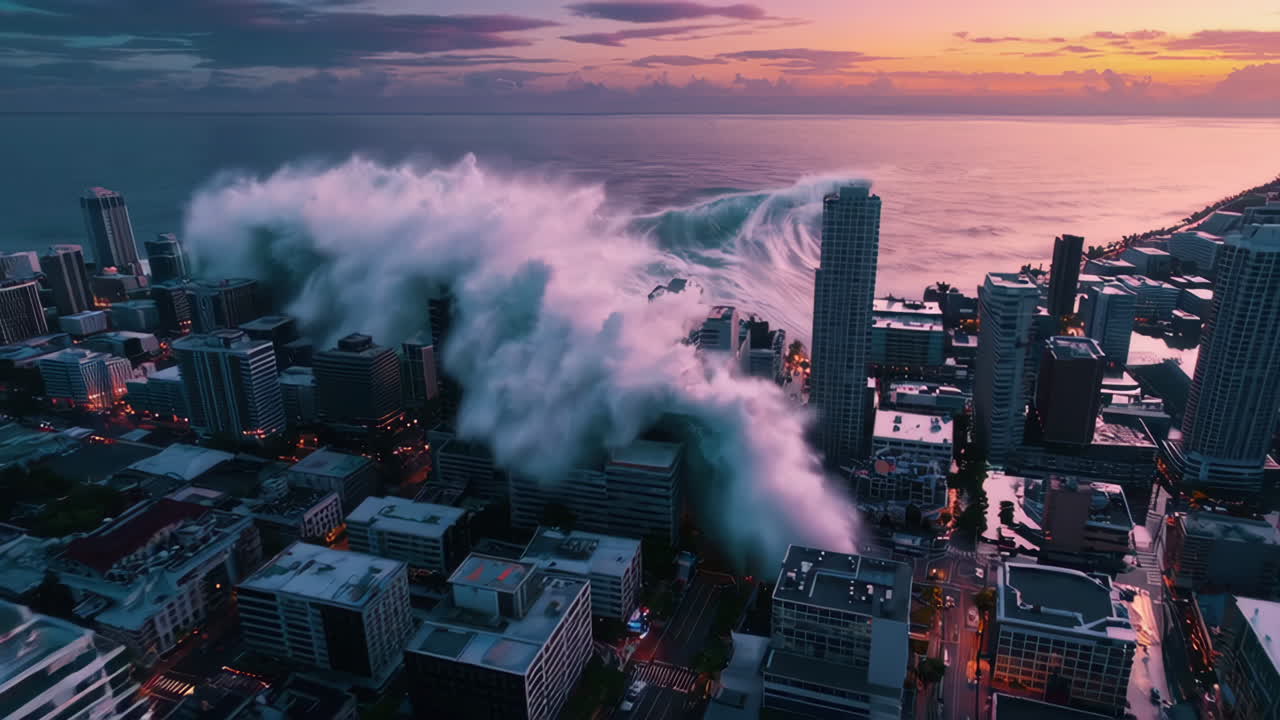 Tsunami Hits a City at Sunset