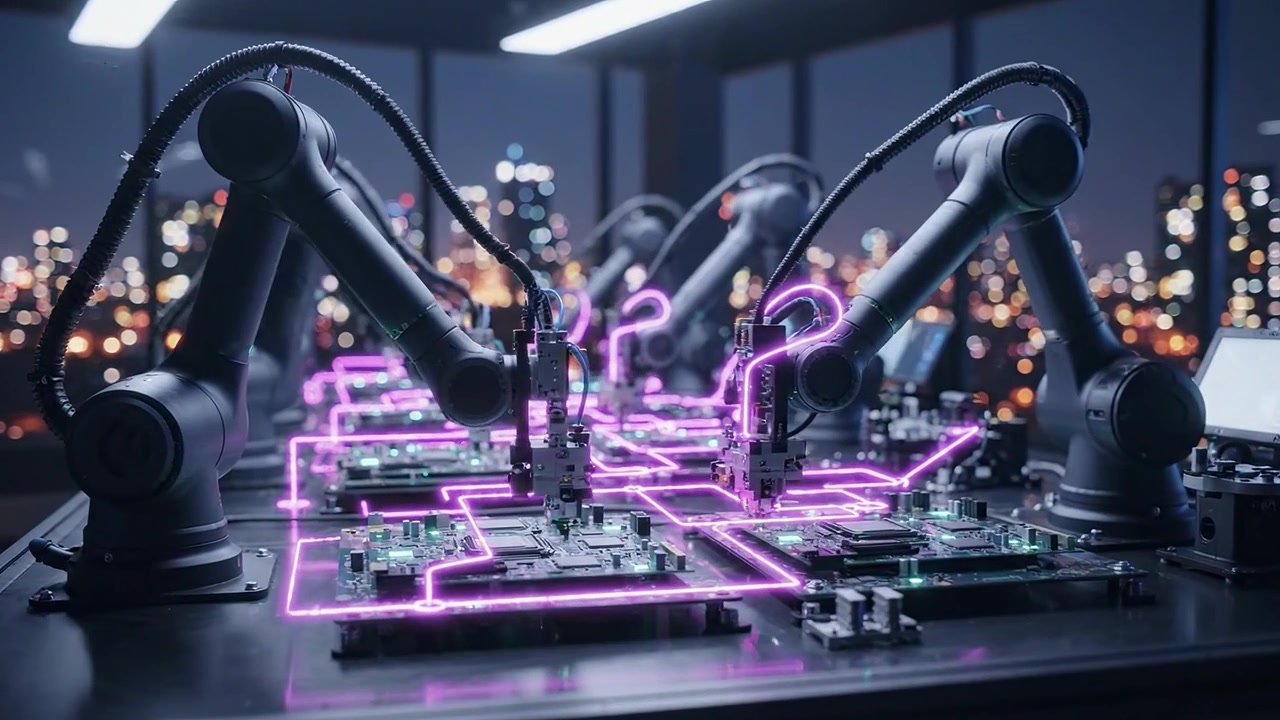Robotic Arms Assembling Circuit Boards with Glowing Neon Connections