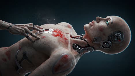 a cybernetic being unveils its humanity: an intriguing glimpse into the intersection of technology and emotion through a futuristic android's expression