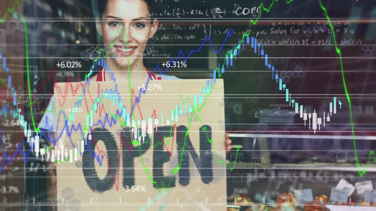 행복한 백인 여성 요리사 위에 떠다니는 수학 방정식과 다이어그램의 애니메이션