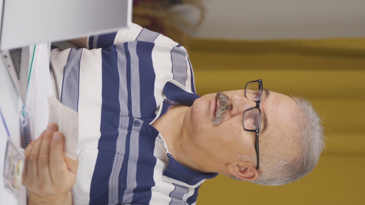 vídeo vertical de un trabajador de oficina en casa, un anciano haciendo cálculos de facturas.