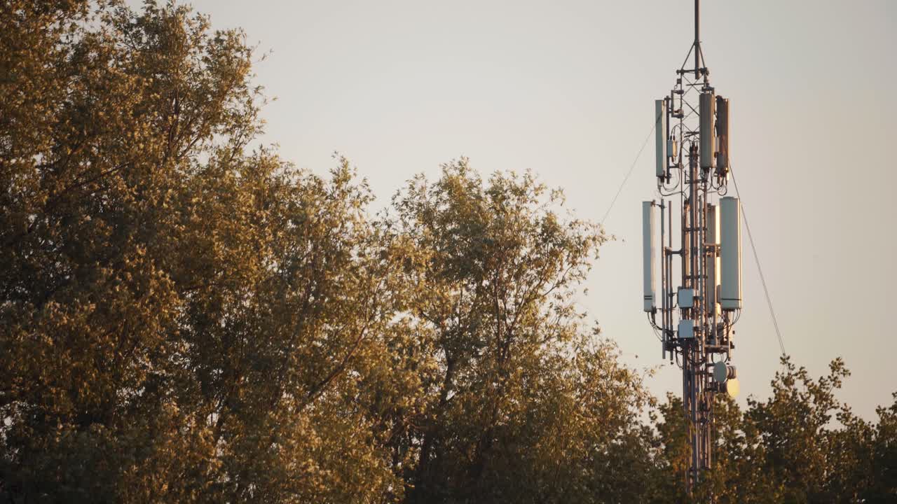 Static shot of a new telephone radio tower, 5g unhealthy radiation, telecom
