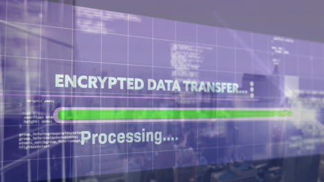 animating encrypted data transfer and processing over cityscape background