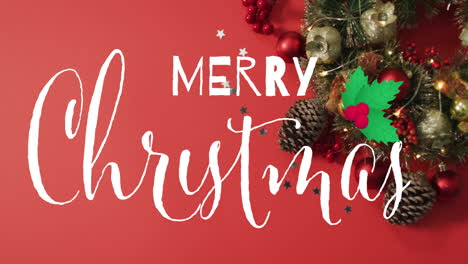 merry christmas text animation over red background with holiday decorations