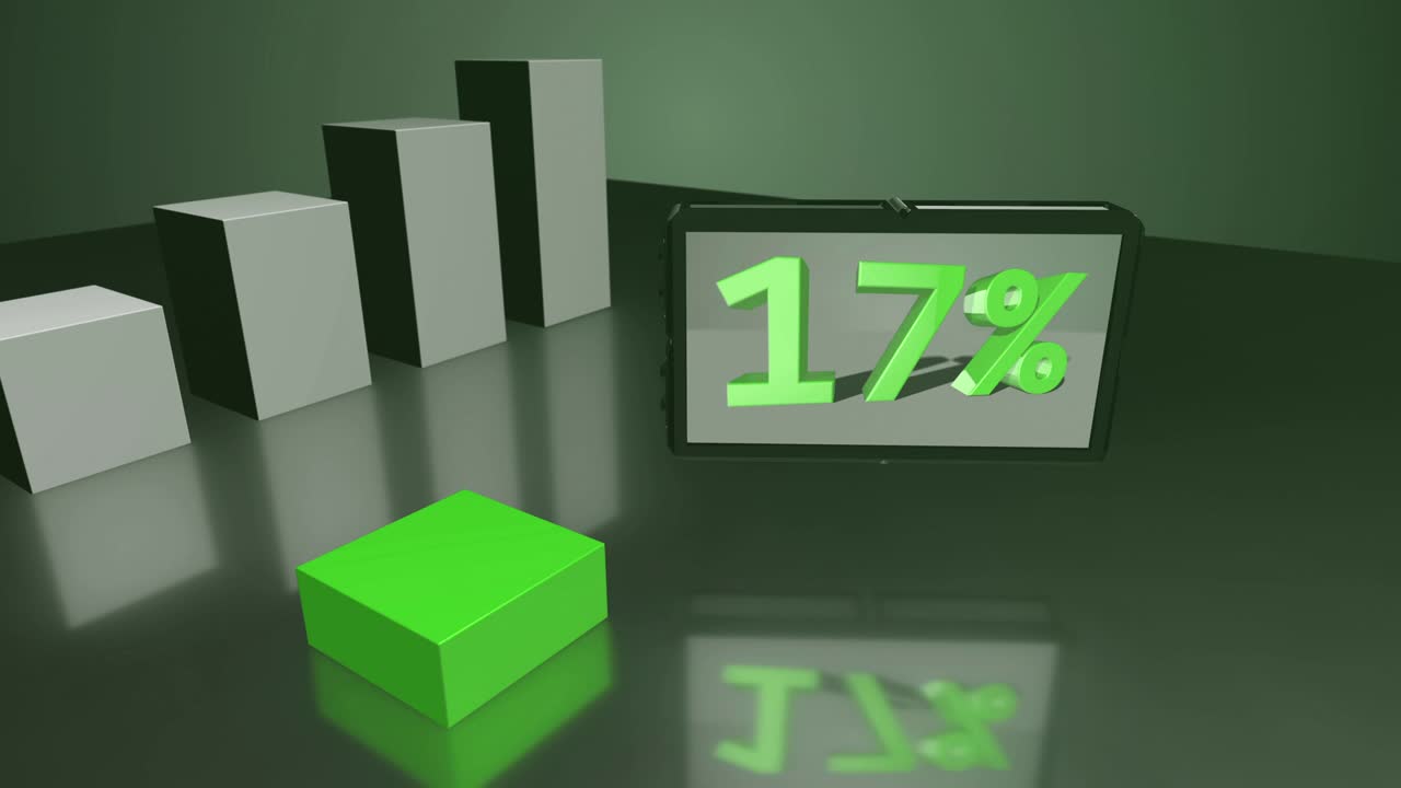 diagrama de barras 3d verde creciente con pantalla hasta el 48%