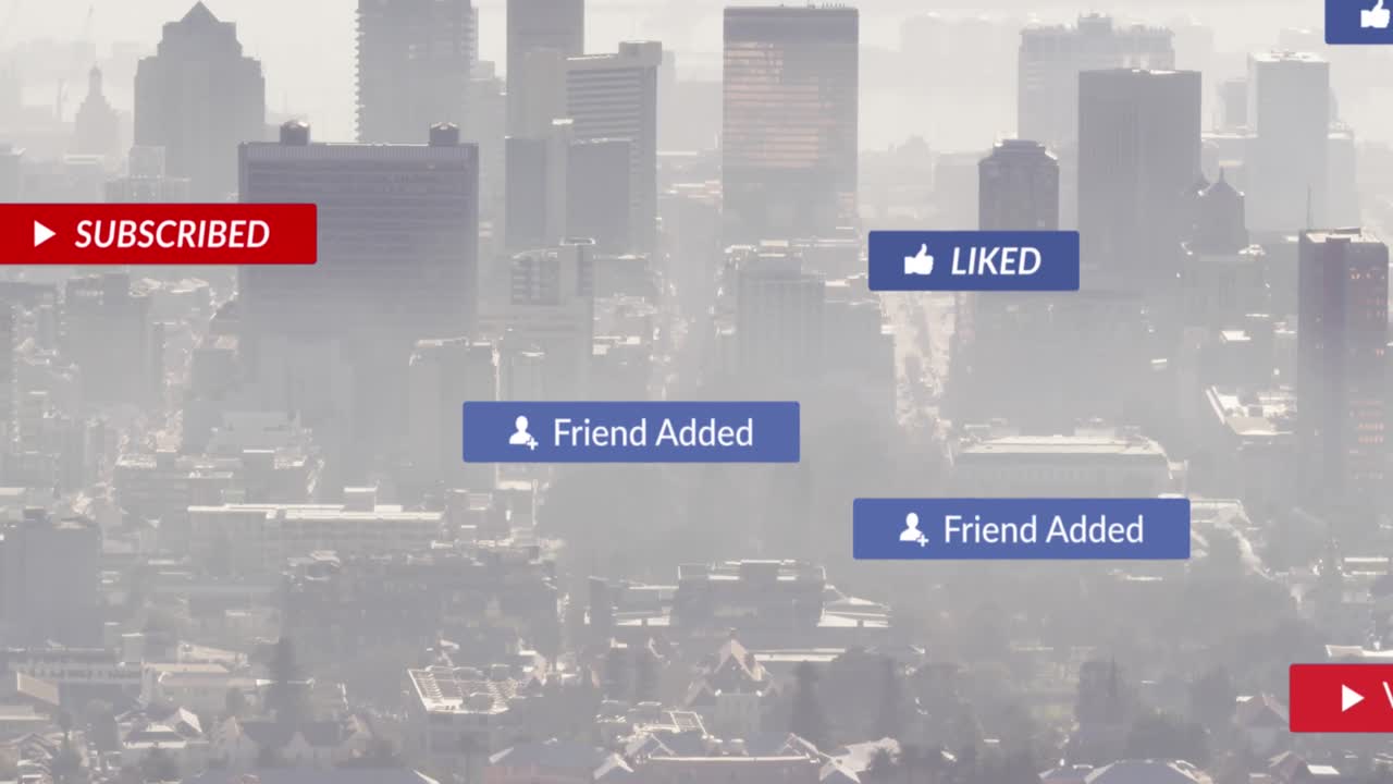 도시 풍경 위의 소셜 미디어 아이콘과 텍스트의 애니메이션