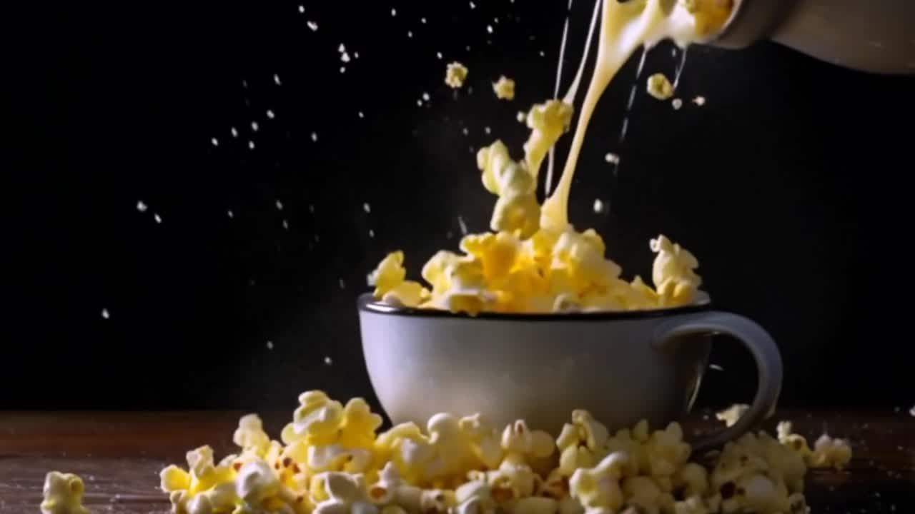 Popcorn e burro fresco in ciotola, sfondo alimentare.