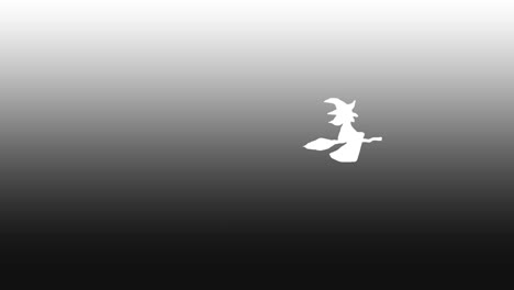 animación de halloween bruja blanca volando en una escoba sobre un fondo de gradiente blanco negro