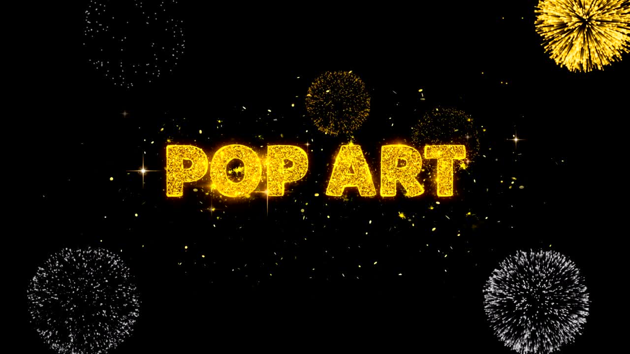 팝 아트 텍스트는 반이는 황금 입자 불꽃놀이를 보여줍니다.