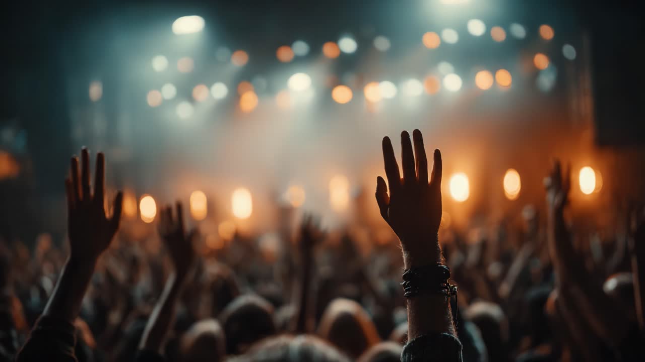 Una notte coinvolgente di musica ed entusiasmo: mani tese verso l'alto in segno di unione mentre la folla celebra una performance energizzante sotto le luci abbaglianti del palco