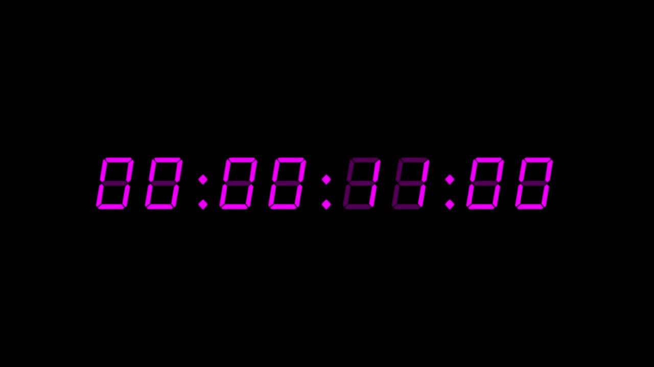 8-digits 60 seconds (1 minute) digital clock count-up timer. Purple or magenta digits on black background. Retro digital alarm clock