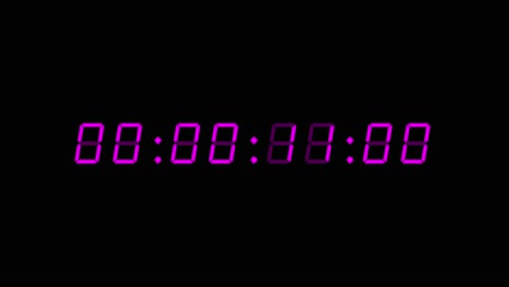 8-digits 60 seconds (1 minute) digital clock count-up timer. purple or magenta digits on black background. retro digital alarm clock