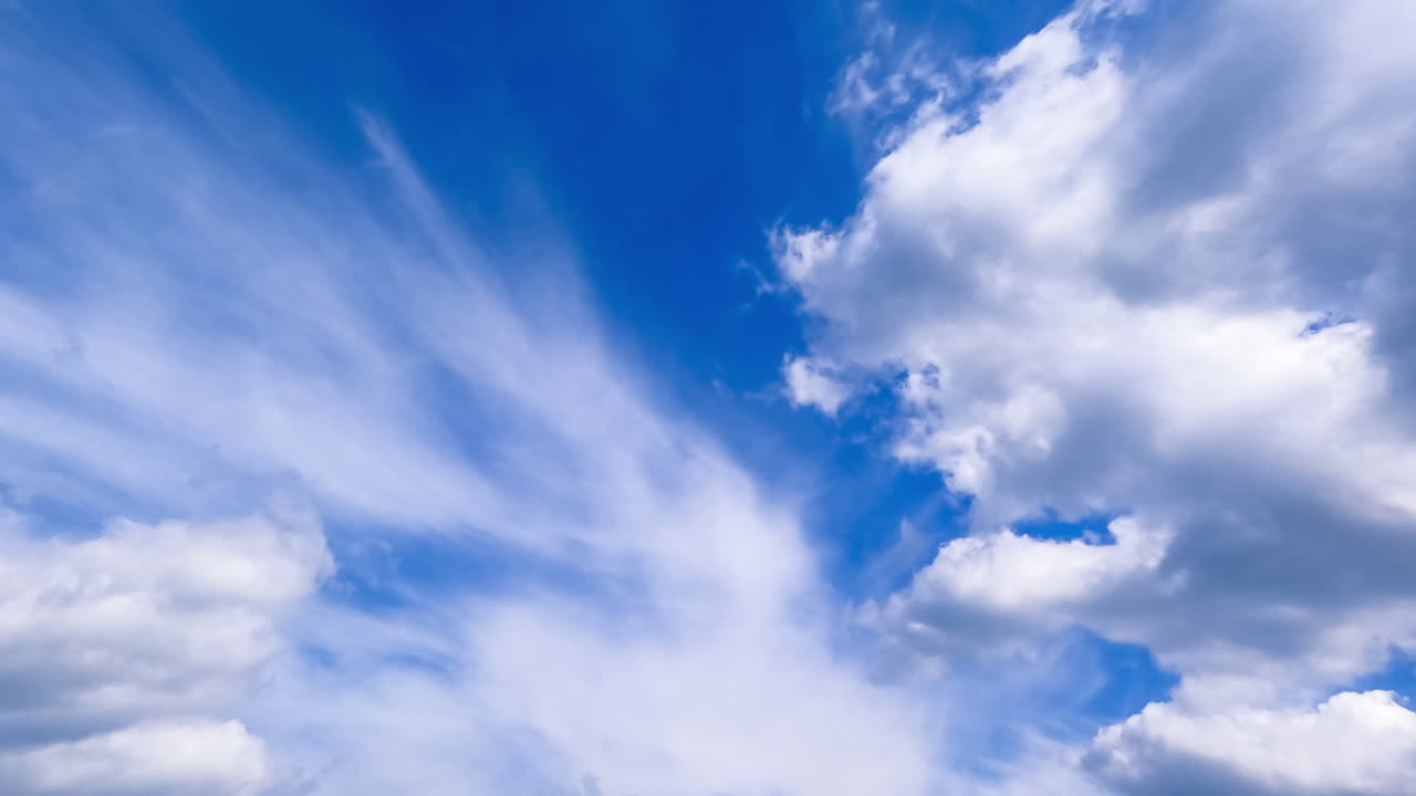 Cirrus and cumulus clouds in the blue sky. Low angle view on the clouds quickly floating in the atmosphere. Timelapse.
