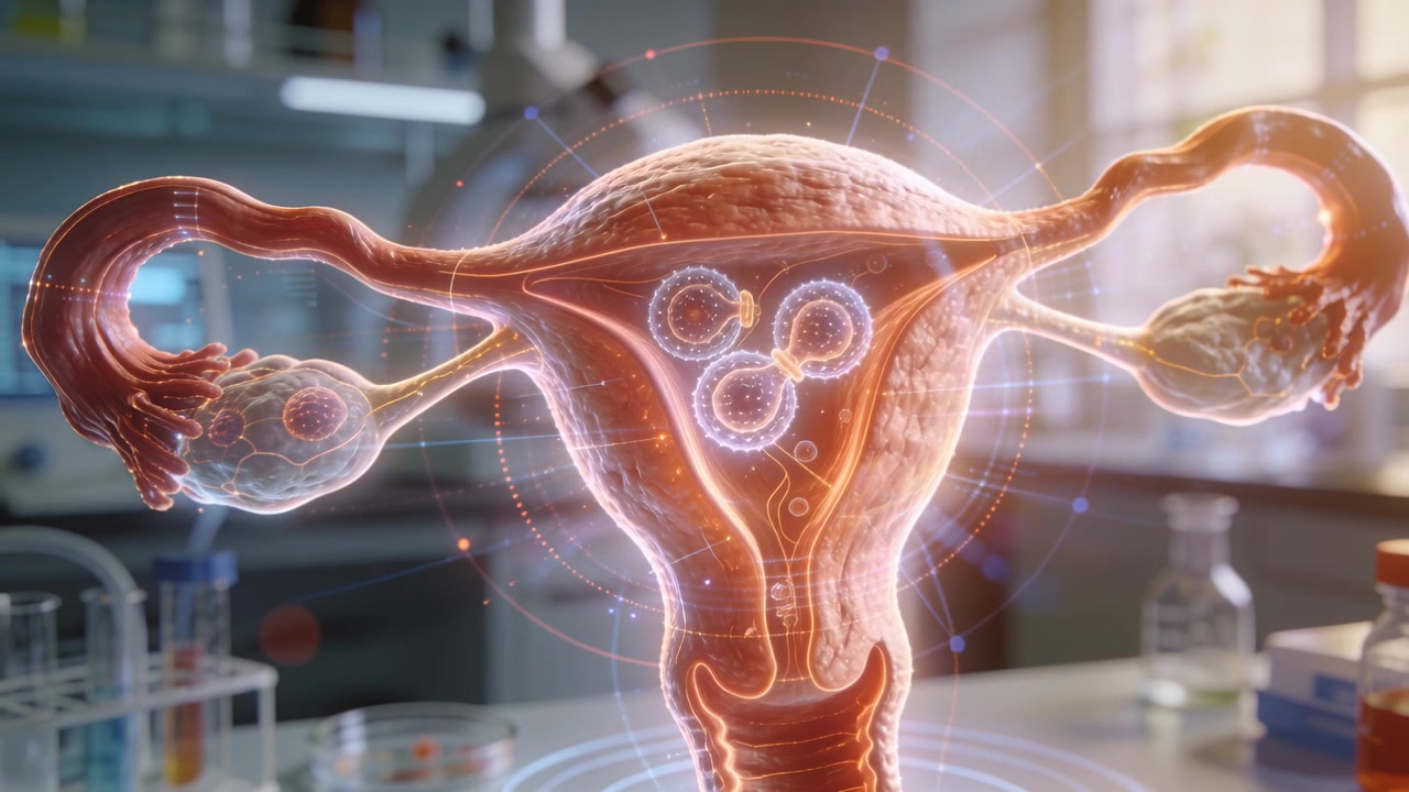 Utero olografico pulsante che attiva anelli HUD sopra il banco di laboratorio, evidenziando gli ovuli per la diagnostica.