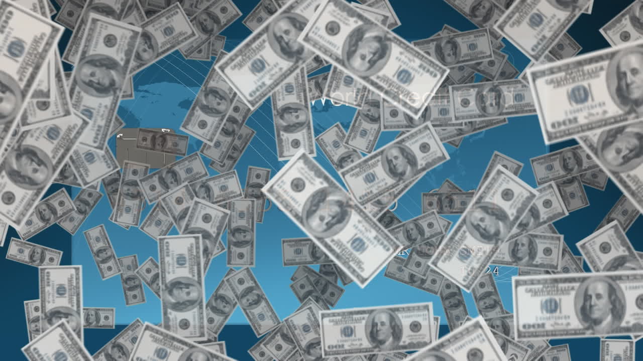 animación de billetes de dólares estadounidenses que caen sobre una tarjeta de crédito sobre un fondo azul