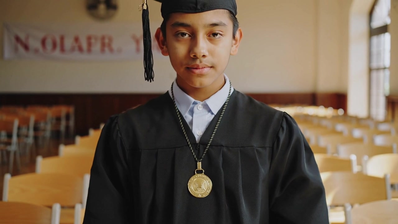Melihat ke bawah, seorang mahasiswa menyesuaikan medali emas di toga dan topi wisuda, bersiap untuk upacara wisuda di aula.