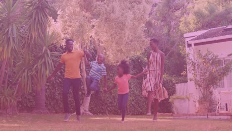 Animation-of-smiling-african-american-family-running-in-garden