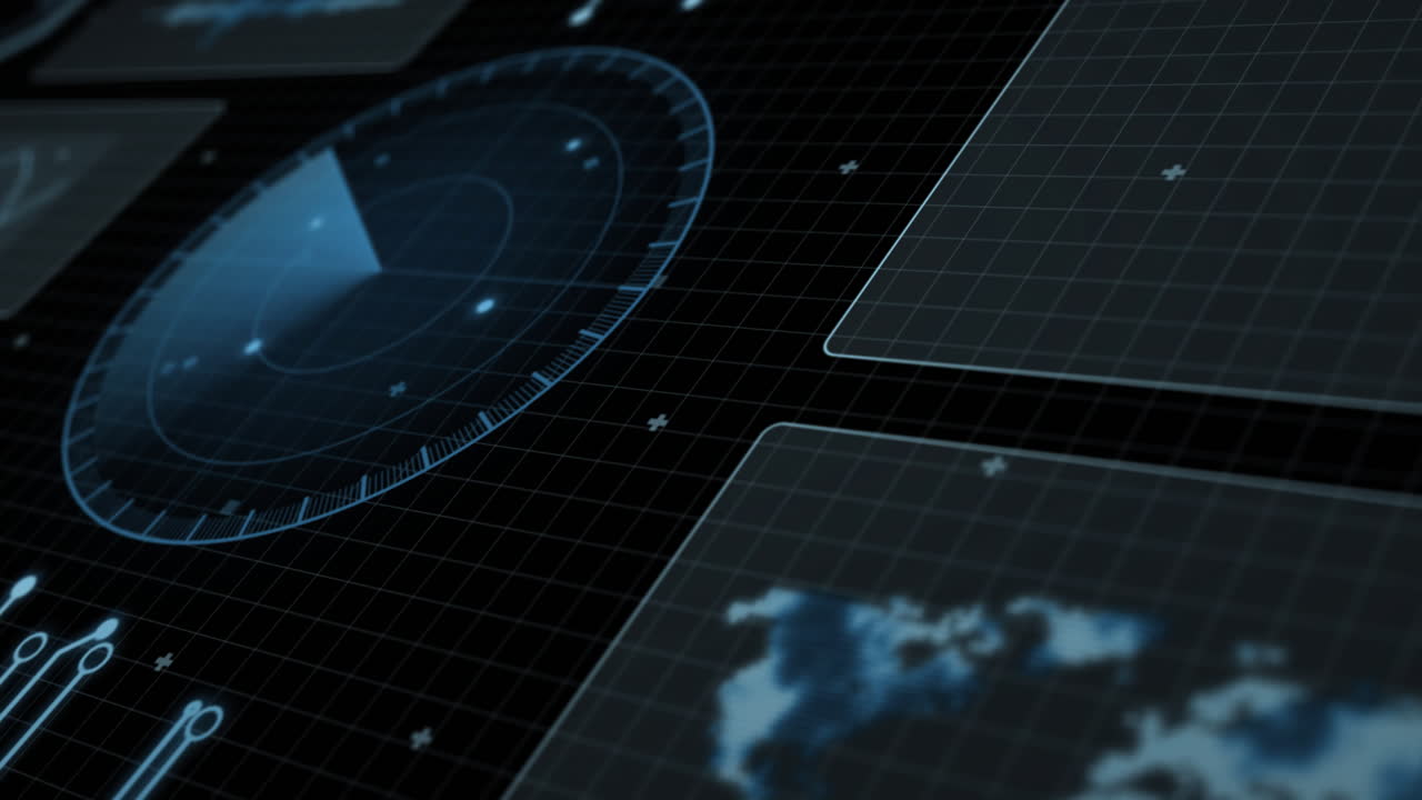 Animation of radar, map and computer language with circuit board pattern over black background