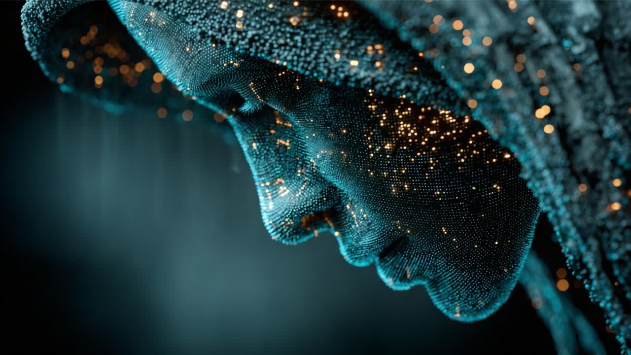 Advanced artificial intelligence concept showing a digital face made of glowing particles. A futuristic representation of a humanoid cyborg, machine learning, and deep learning technology