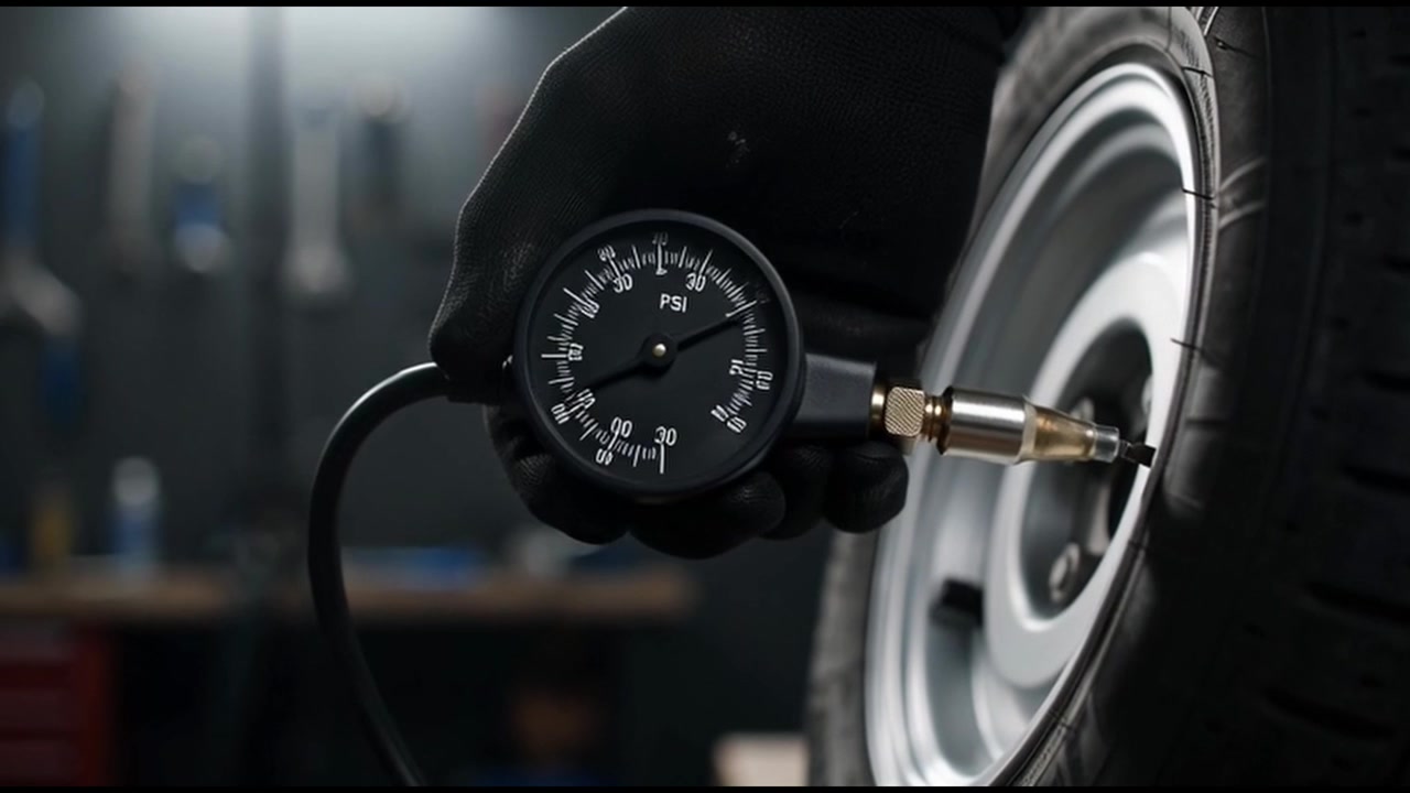 Mechanic Checking Tire Pressure with Gauge in Auto Repair Shop