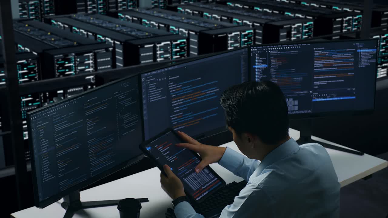 vista trasera de un hombre asiático cansado bostezando mientras trabajaba con un simulacro de varios monitores de computadora en el centro de datos