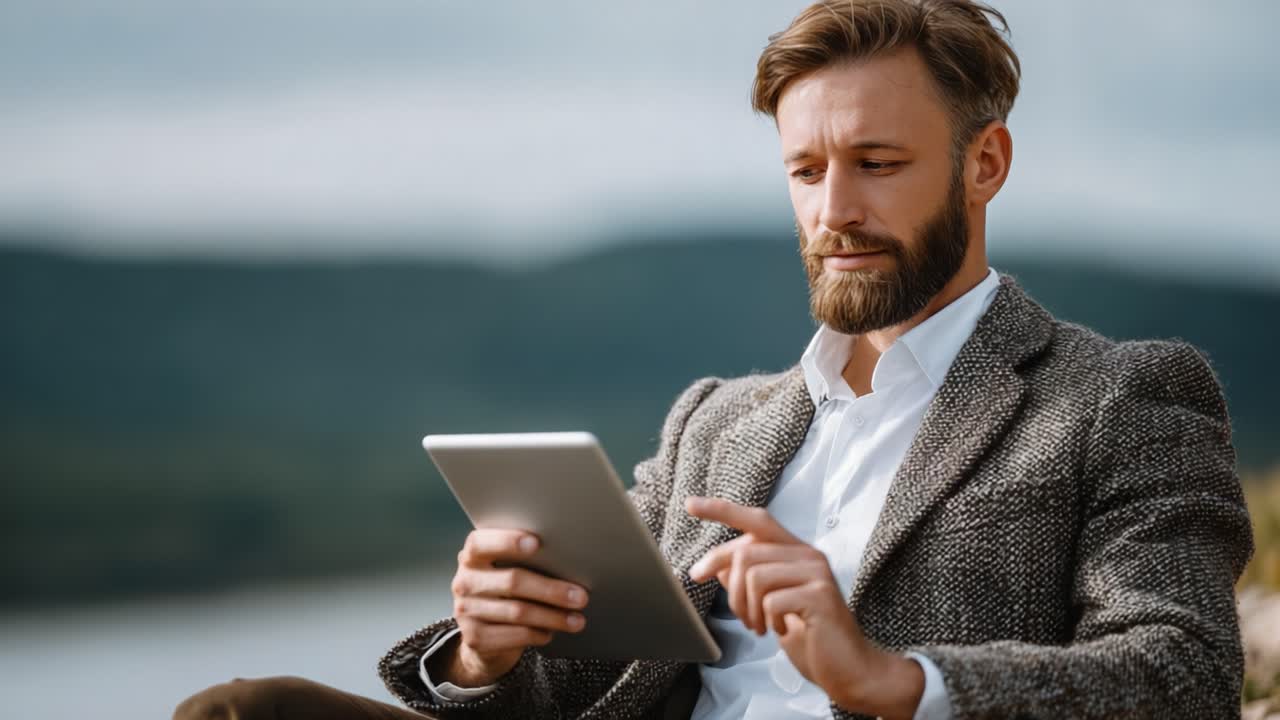 A Thoughtful Man Engaged with His Tablet, Seated in a Natural Setting, Reflecting a Moment of Contemplation and Modern Connectivity
