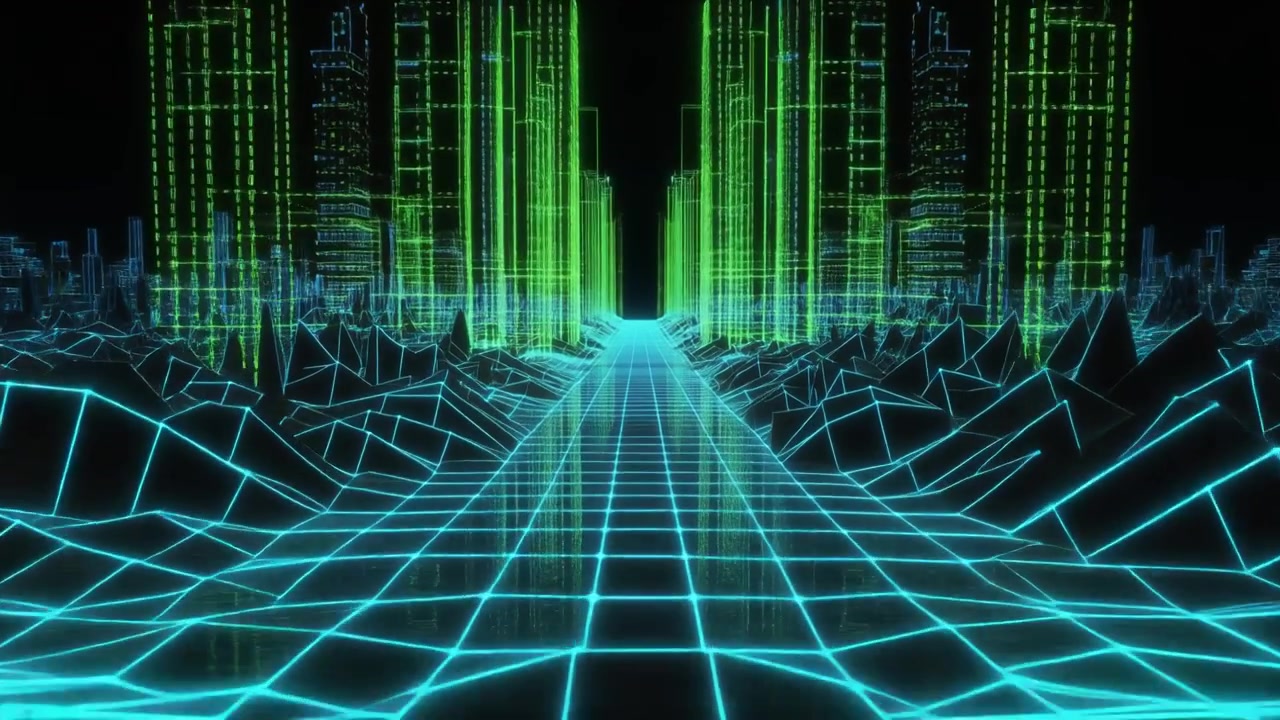 Futuristic Digital Cityscape with Glowing Wireframe Buildings and Grid Floor