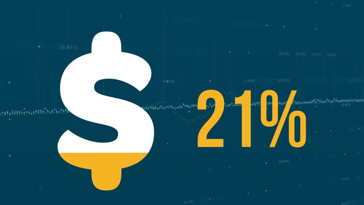 Animation of dollar sign and percent filling up with yellow over financial data processing