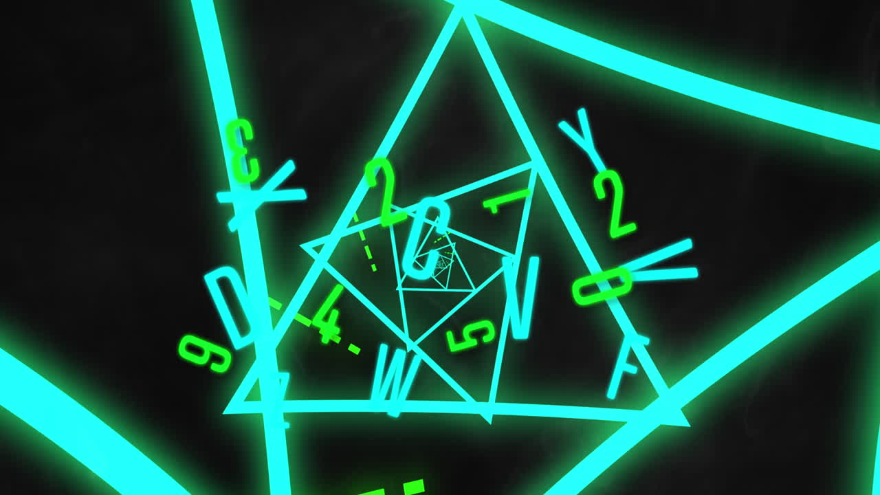 girando formas geométricas de neón azul con números y letras que se mueven sobre un fondo negro