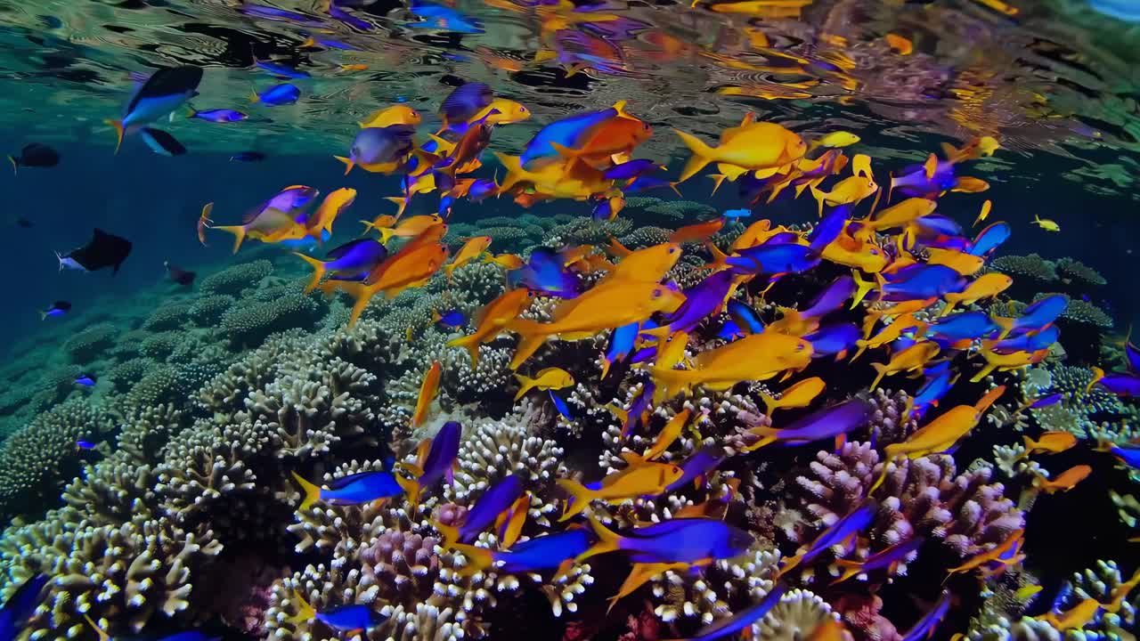 Underwater video capturing vibrant coral reefs and fish from a split-level angle, blending ocean