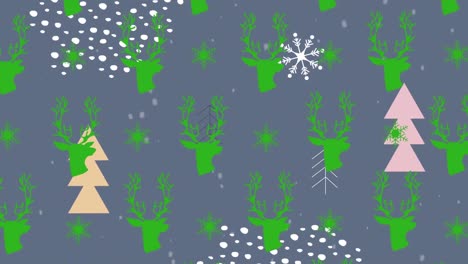 Weihnachtsbaumsymbole-Und-Schnee,-Der-über-Grüne-Rentier--Und-Schneeflockensymbole-In-Nahtlosem-Muster-Fällt