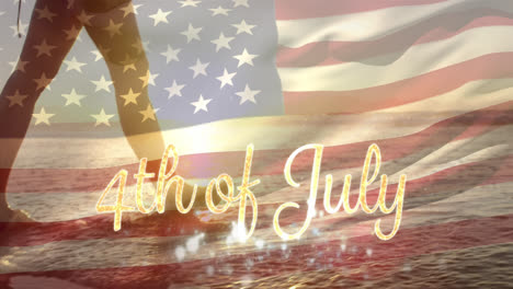 woman walking by the beach and the american flag and a 4th of july text