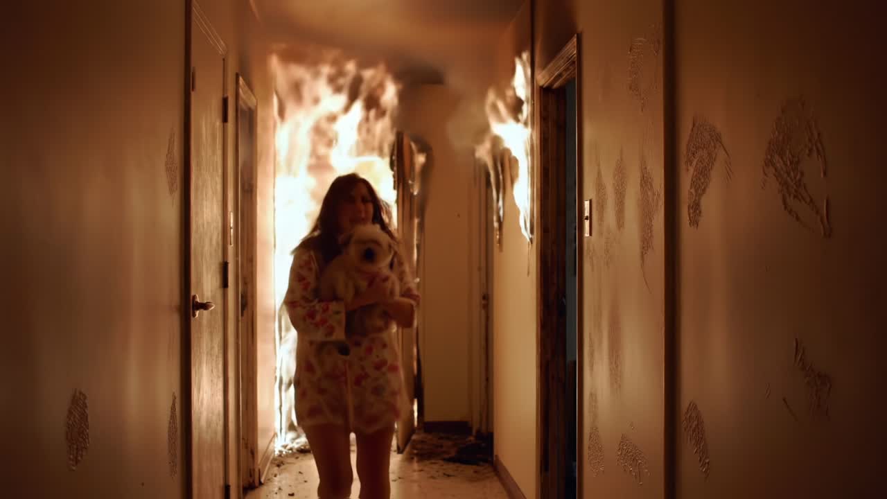 A woman in nightwear escapes a raging fire in a dimly lit hallway, desperately navigating through smoke and flames while holding a small dog for safety
