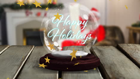 animation of falling stars and lens flares around happy holidays text in snow globes on wooden table