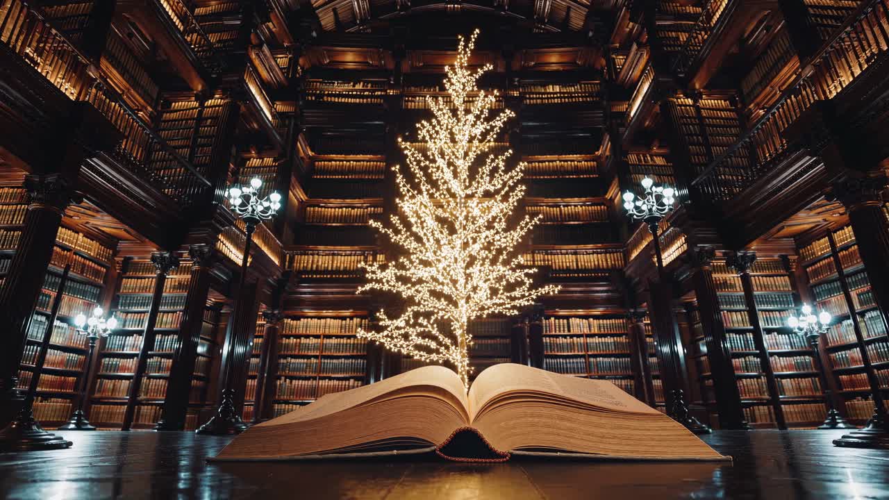 A magical library scene with a glowing tree emerging from an open book