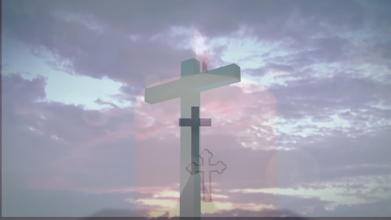 3D render cross silhouette dominating center, clouds swirling pastel sky, ornate outline glowing