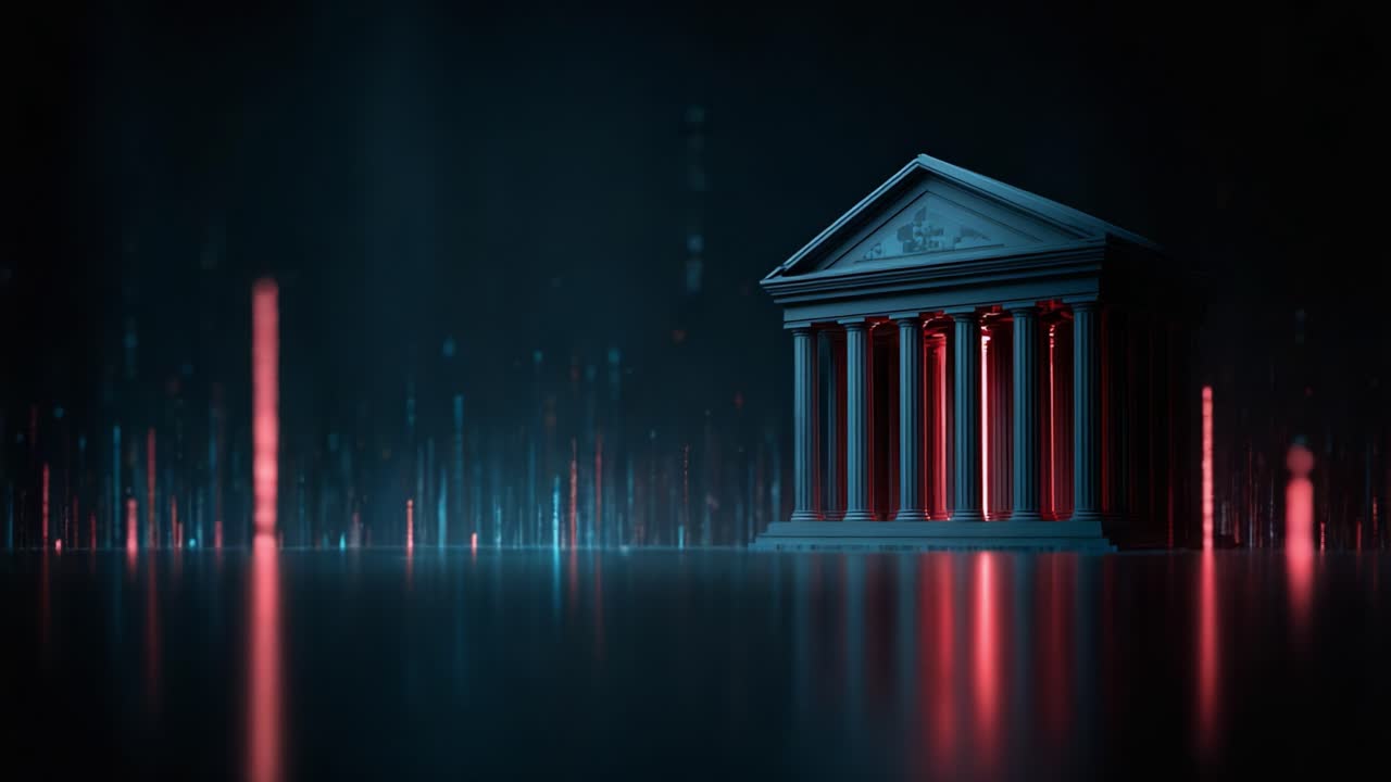 Una straordinaria immagine di un maestoso tempio classico su uno sfondo misterioso di elementi digitali luminosi, che mette in mostra l'intersezione tra tradizione e modernità