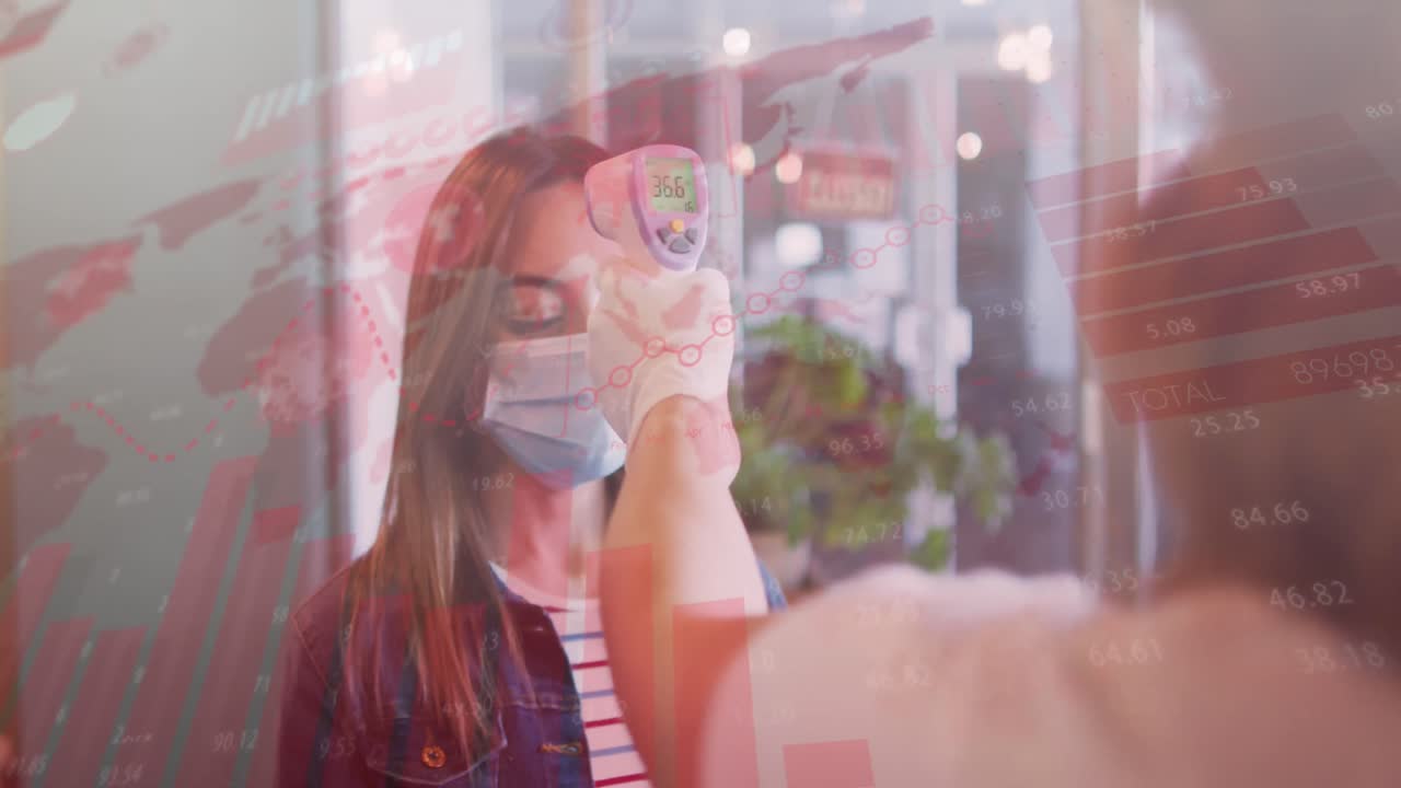 두 명의 백인 여성이 체온을 측정하고 얼굴 마스크를 착용하는 데이터 처리 애니메이션