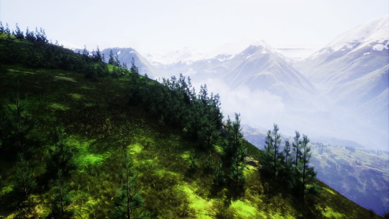 Stunning mountain landscape with lush greenery and distant peaks in sunlight