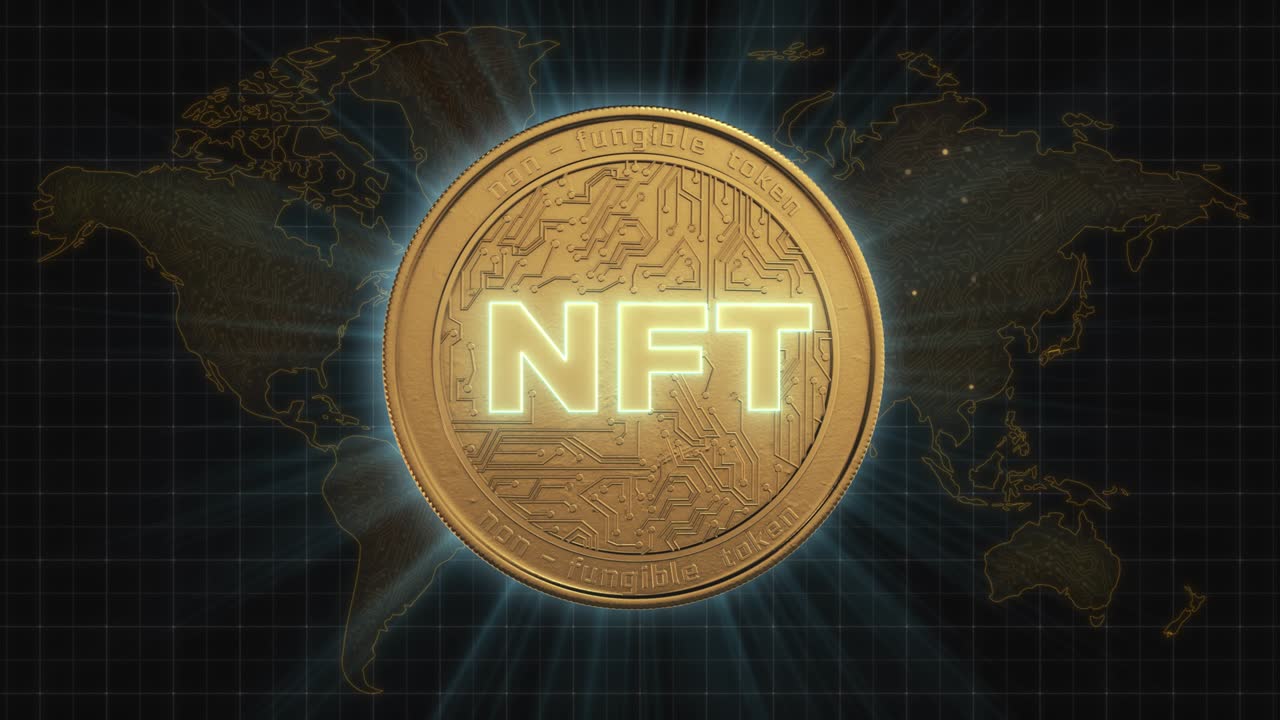 el brillo de la moneda ntf gira en el fondo del mapa del mundo. renderizado en 3d. lugar de arte criptográfico para la venta. concepto de blockchain.