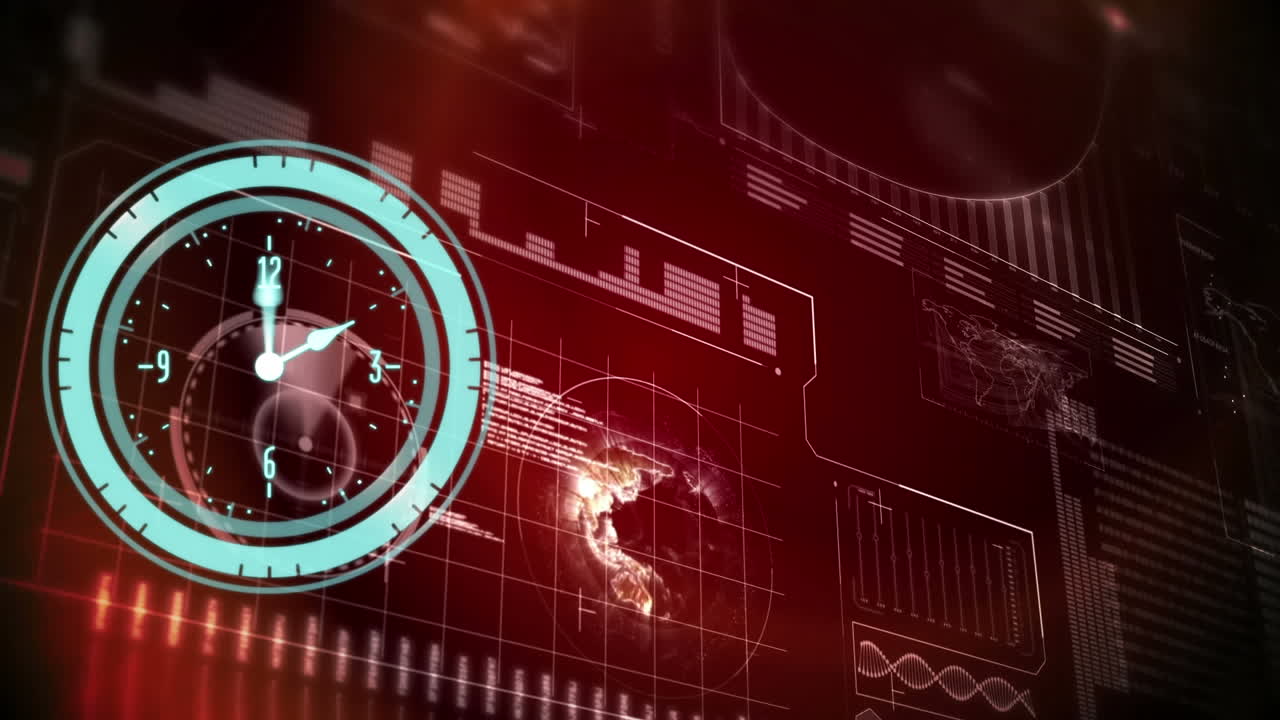화면에 지구와 함께 빠르게 움직이는 시계와 데이터 처리의 애니메이션
