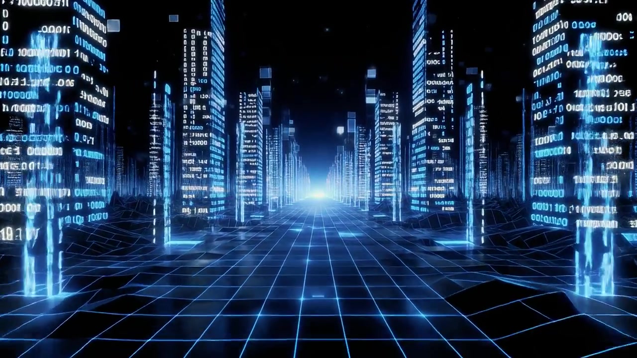 Futuristic Digital City with Binary Code Skyscrapers and Glowing Grid
