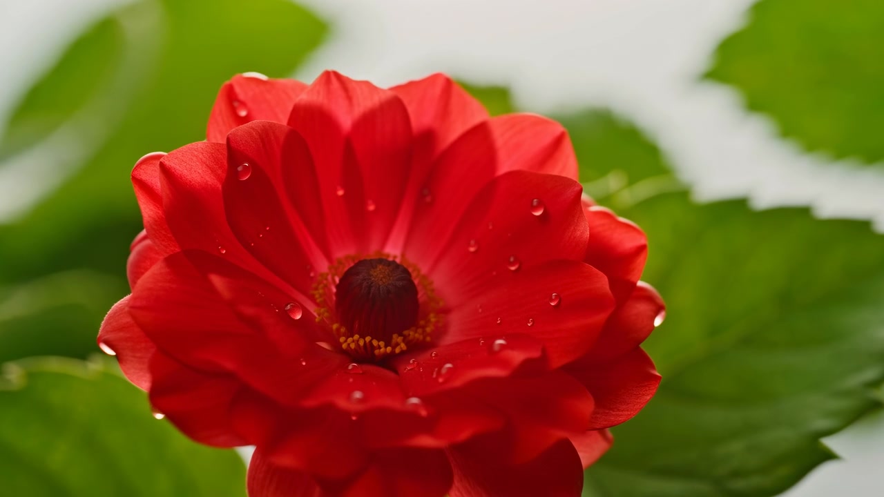 Macro ravvicinata di un vivido fiore da giardino rosso che mostra petali a strati con gocce di rugiada e un disco centrale scuro, su uno sfondo di foglie verdi e morbide.