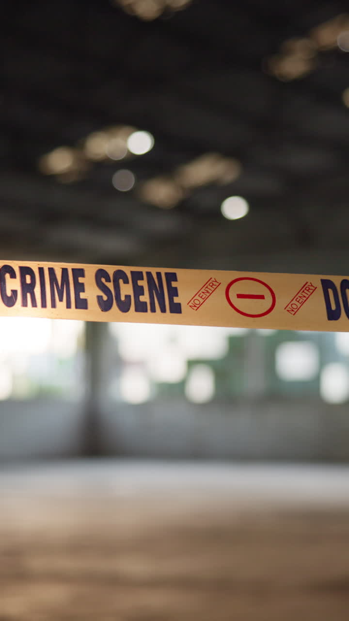 cinta amarilla de la escena del crimen a través de un interior de edificio borroso