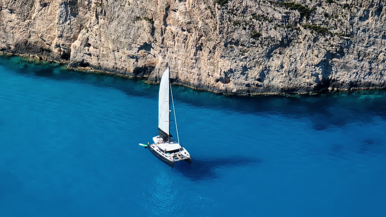Catamaran Sailing on Turquoise Waters Alongside a Rocky Cliff