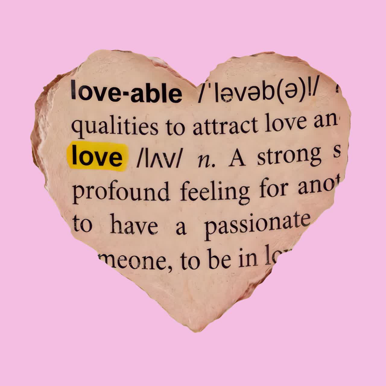 Heart-shaped love dictionary page animation isolated asset, transparent 4K video, alpha channel