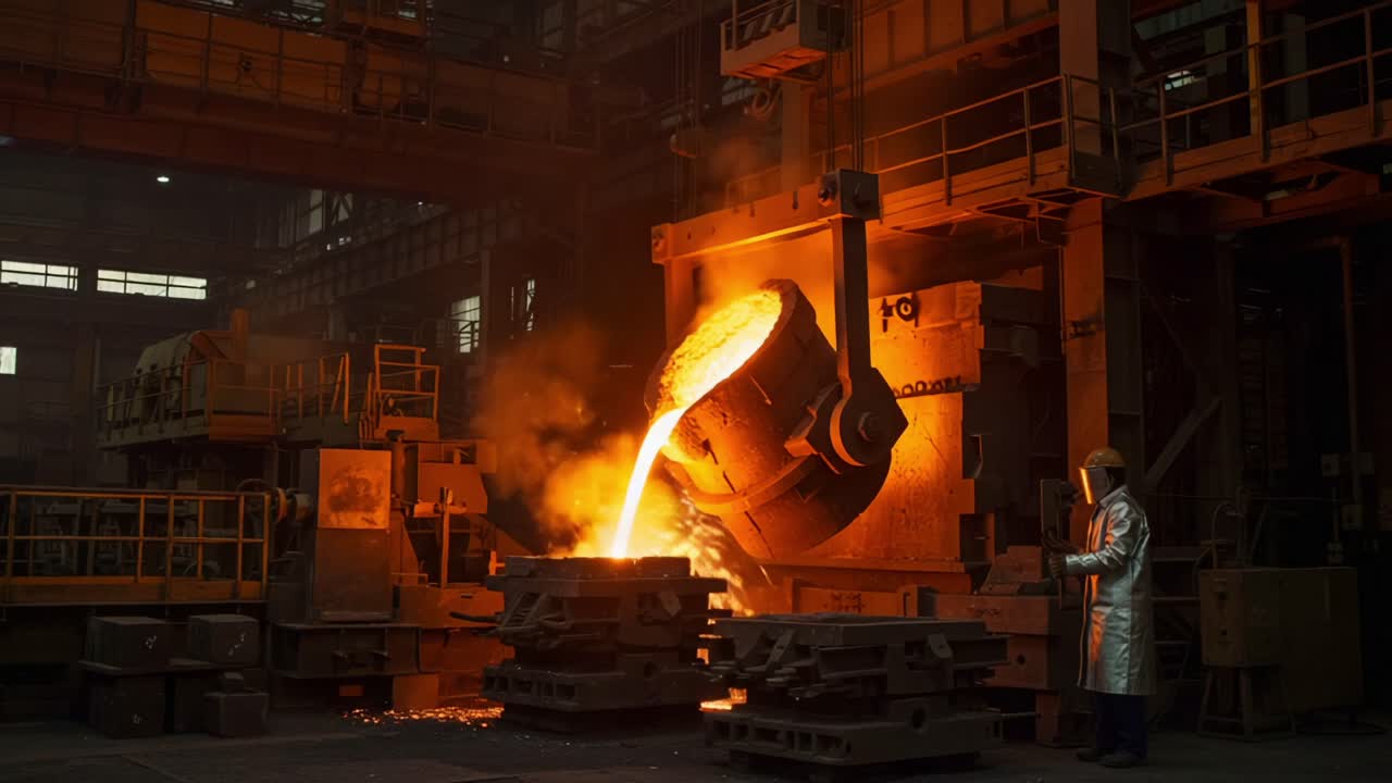 A Dynamic Overview of Metal Casting: Pouring Molten Metal in a High-Tech Foundry with Dramatic Sparks and Heat in an Industrial Setting