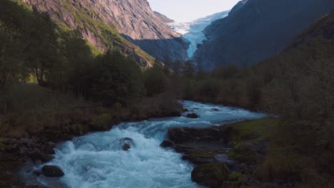 small wild creek running through beautiful dense forest towards a large glacier in the mountains