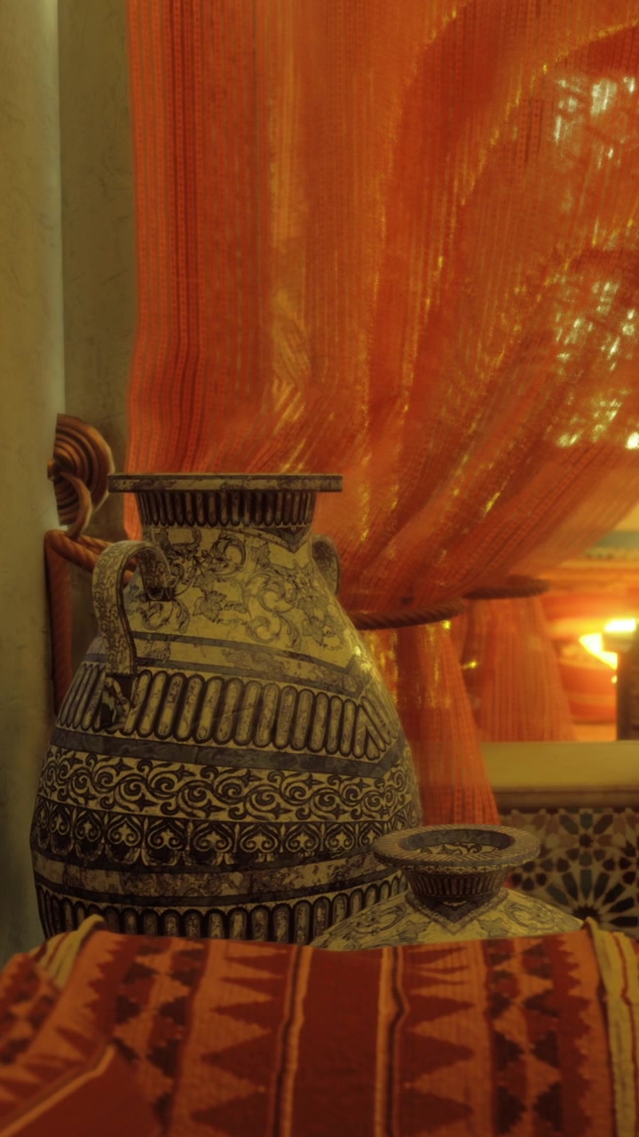 Traditional pottery placed near orange curtains in a cozy setting
