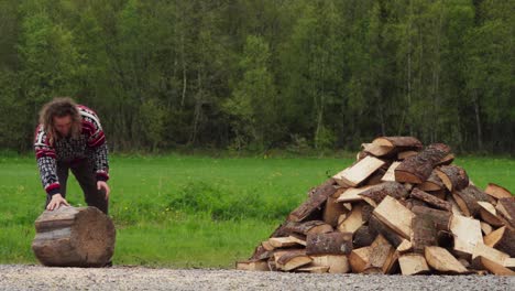 Hombre-Adulto-Que-Lleva-Tocón-De-árbol-Cerca-De-Maderas-Apiladas